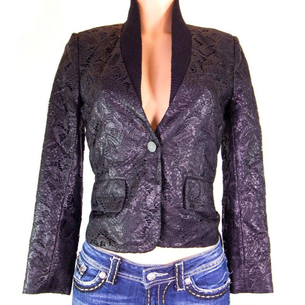Hanley Mellon Structured Black Lace Overlay Jacket Size 2 Designer Elegant